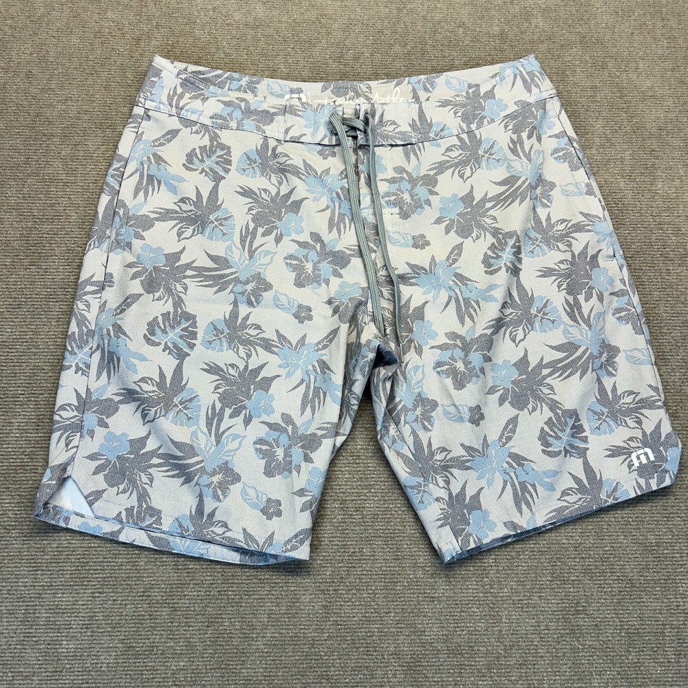 Travis Mathew Board Shorts Men's 33 Gray Floral AOP Surf Swimwear 9" Inseam